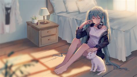 Fond Décran Filles Anime Anime Cyan Hair Pieds Nus écouteurs