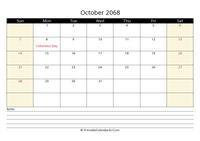 October 2068 Calendar Templates