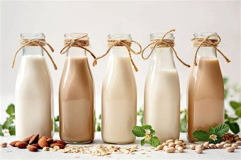 Premium Photo Bottles With Different Plant Milk Soy Almond And Oat Milk