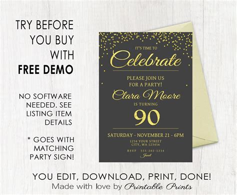 90th Birthday Invitation Printable Editable Template Instant