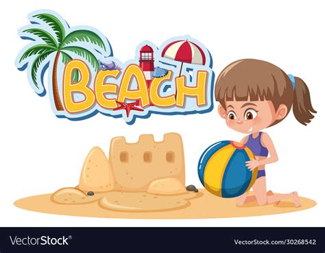 Font Design Template For Word Beach With Girl Vector Image