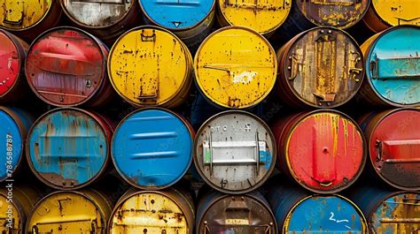 Oil Barrels Or Chemical Drums Stacked Up Indicating Hazardous Waste