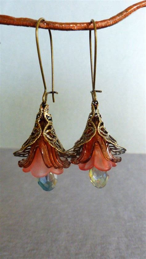 Items Similar To Lucite Flower Earrings Pink Flower Earrings Brass