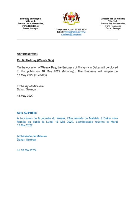 Closure Of Embassy 16 May 2022 News From Mission Embassy Of Malaysia Dakar