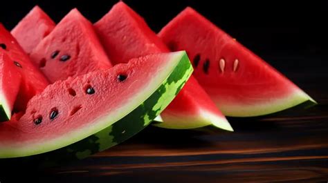 close  photo refreshing watermelon slices  dark wooden background