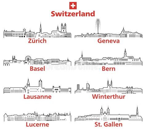 Switzerland Cities Outline Skylines Vector Set Stock Vector