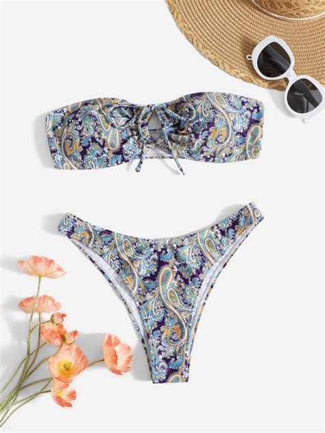 SHEIN Swim BohoFeel Paisley Print Bikini Set Bandeau Wireless Bra Top