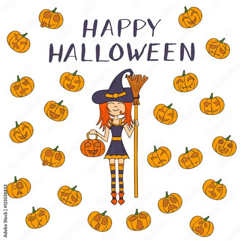 Vector cartoon hand drawn Halloween witch Stock Vector | Adobe Stock