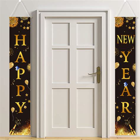 HOWAF Happy New Year Door Banners Black Gold New Year Door Porch Sign