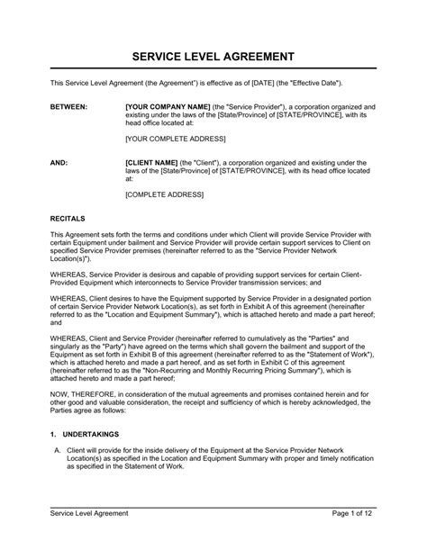 Standard Service Level Agreement Template Sfiveband