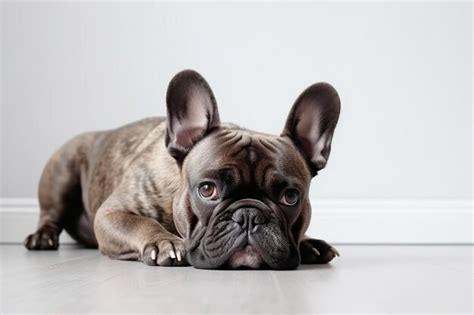 premium photo cute french bulldog lying  floor posing isolated