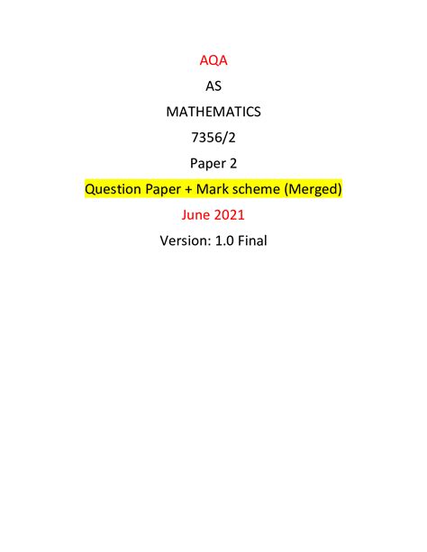 Aqa As Mathematics Paper Question Paper Mark Scheme Merged