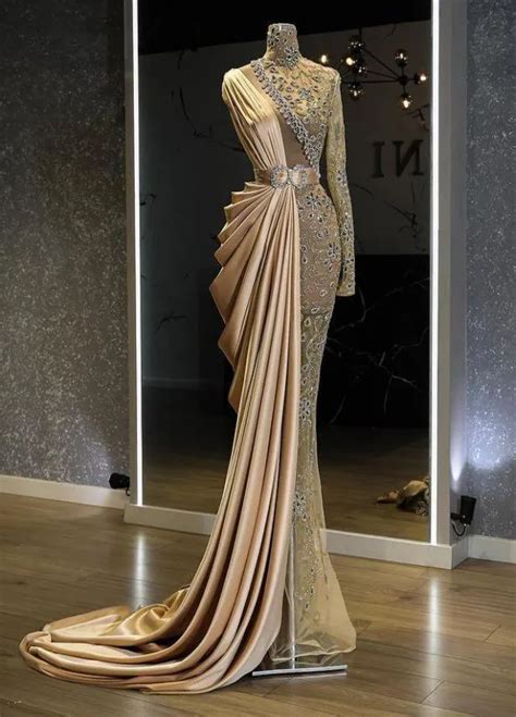 Arabic Gold Luxurious Mermaid High Neck Evening Gown With Beaded Crystals Aso Ebi 2021 Prom Gown