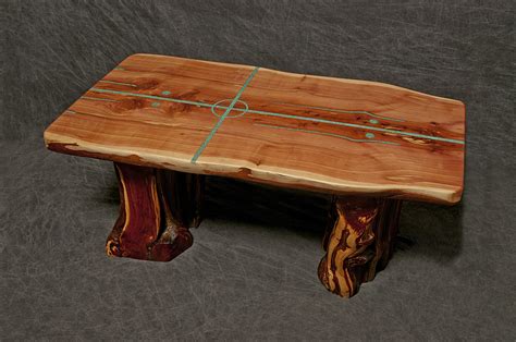 Buy Hand Crafted Cedar Slab Table With Natural Living Edges And Four Directions Turquoise Inlay