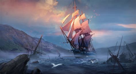 Sailing Ship Fantasy Art Render Clouds Moon Birds Sea Wallpapers