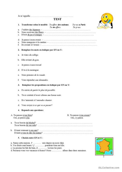 test les pronoms adverbiaux EN et Français FLE fiches pedagogiques