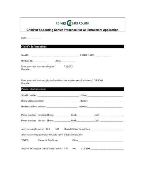 Fillable Online Dept Clcillinois LEARNING TREE PRESCHOOL ENROLLMENT