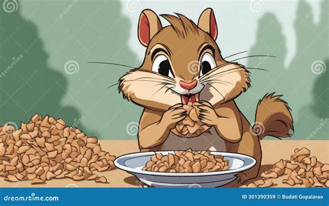 Una Ardilla De Dibujos Animados Comiendo Nueces De Un Bol Stock De