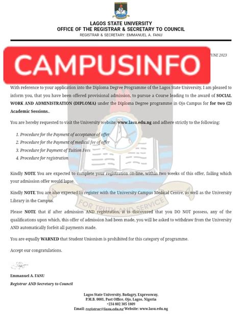 Lagos State University Lasu Releases Diploma Admission List For The