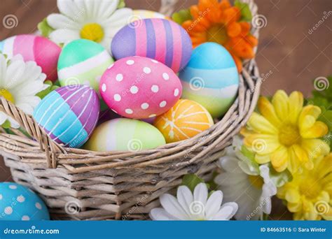 Basket With Colourful Hand Painted Easter Eggs Stock Photo Image Of