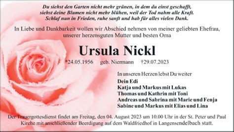 Ursula Nickl Traueranzeige Trauer InFranken De