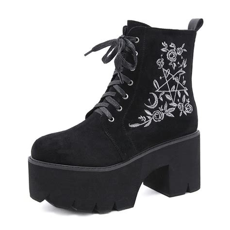 Floral Suede Platform Boots Gothic Punk Shoes With Lace Up Etsy