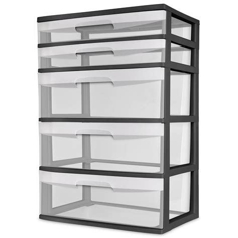 Sterilite Plastic 5 Drawer Wide Tower Black