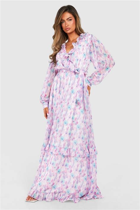 Blurred Floral Print Ruffle Detail Maxi Dress Boohoo Uk