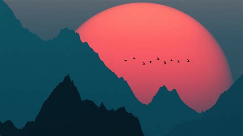 Download wallpaper 2048x1152 sunset, mountains and birds, big sun ...