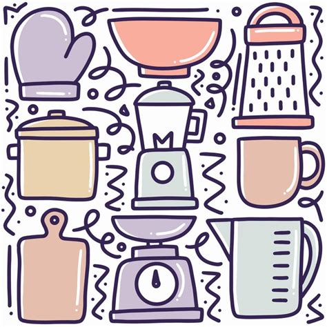 Doodle De Equipo De Cocina Dibujado A Mano Con Iconos Y Elementos De