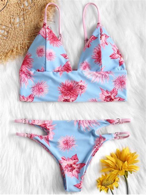 25 OFF 2020 Lace Up Floral Cut Out Bikini Set In LIGHT SKY BLUE ZAFUL