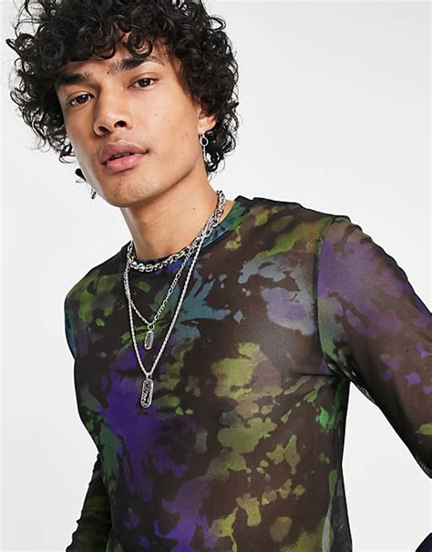 Asos Design Muscle Long Sleeve T Shirt In Black And Green Printed Mesh