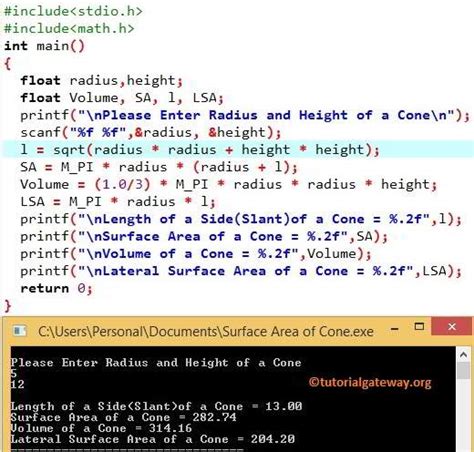 C Program To Find Volume And Surface Area Of A Cone