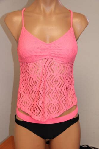 Hula Honey Swimsuit Bikini Tankini 2 Pc Set Sz XS Crochet Black Pink EBay