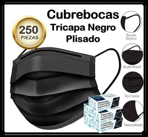 Cubrebocas Negro 250 Piezas Tricapa Plisado Termosellado Meses Sin