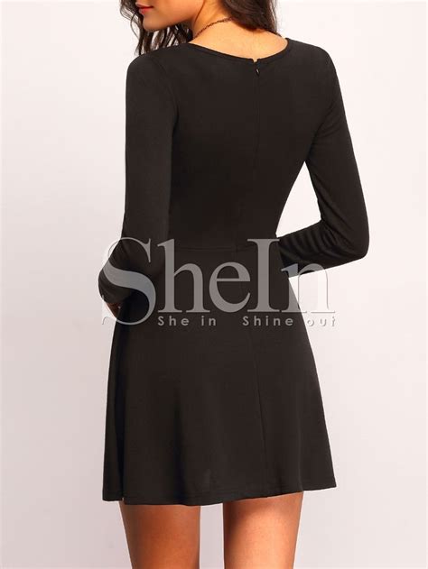 Vestido Cuello Mock Plisado Negro Spanish Shein Sheinside