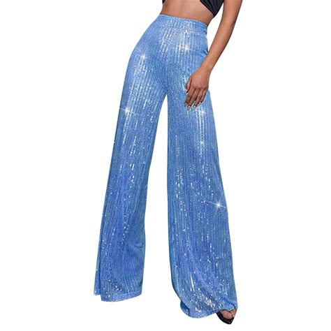 Kddylitq Women Sequin Pants Sparkly Glitter High Waisted Wide Leg Flare