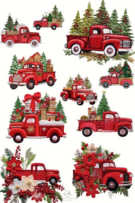 Red Trucks With Christmas Trees And Presents On The Back Are Shown In