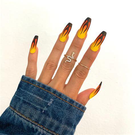 Flame Fire Press On Nails Fake Long Coffin Nail False Matte Etsy