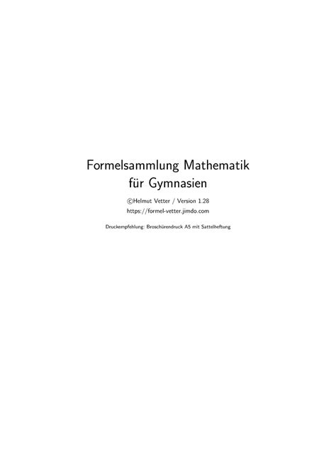 Formelsammlung M für Gymnasium Formelsammlung Mathematik f ur