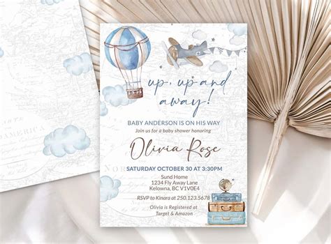 Up Up And Away Hot Air Balloon Baby Shower Invitation Blue Beige Tan Adventure Awaits Baby