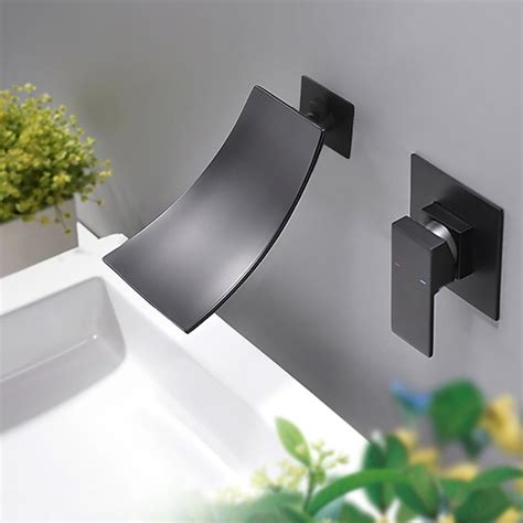 Wall Mount Bathroom Sink Mixer Faucet Matte Black, Concealed Washroom ...