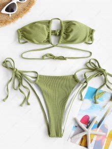 Zaful Ribbed Strappy Convertible String Bikini Swimwear In Light Green Zaful