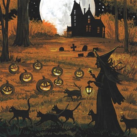 X Print Of Painting Ryta Folk Halloween Black Cat Witch Vintage