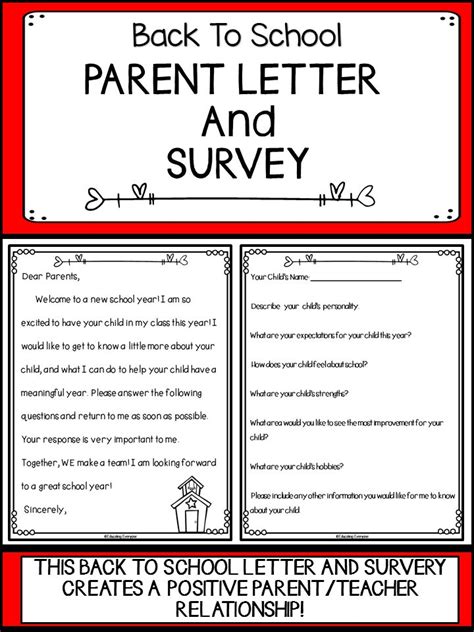 Back To School Parent Letter And Survey Letter To Parents Teacher