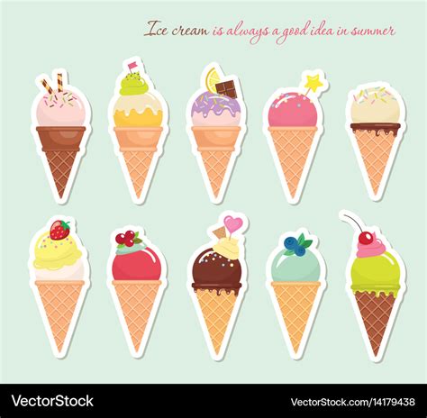 Ice Cream Cone Set Paper Cutout Stickers Bright Vector Image