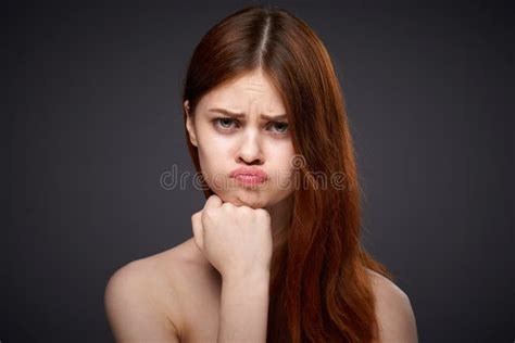 Pretty Red Haired Woman Naked Shoulders Posing Dark Background Stock Image Image Of Beauty