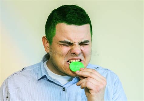 Man Eating Lemon Wince From Sour Taste Stock Image Image Of Food