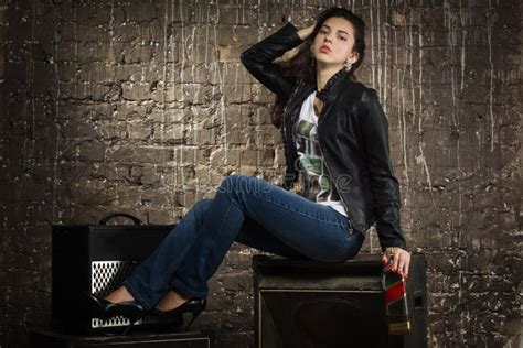 Pretty Brunette Woman In Leather Jacket Stock Image Image Of Caucasian Portrait 58865969