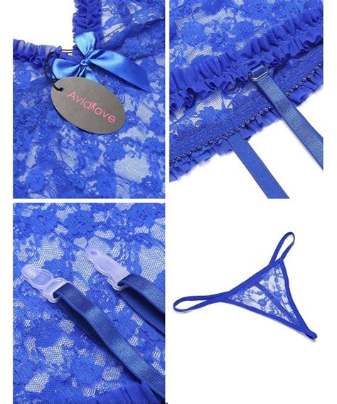 Women Sexy Lingerie Set Lace Babydoll Chemise With Garters For Honeymoon Blue Ci Sd Aim